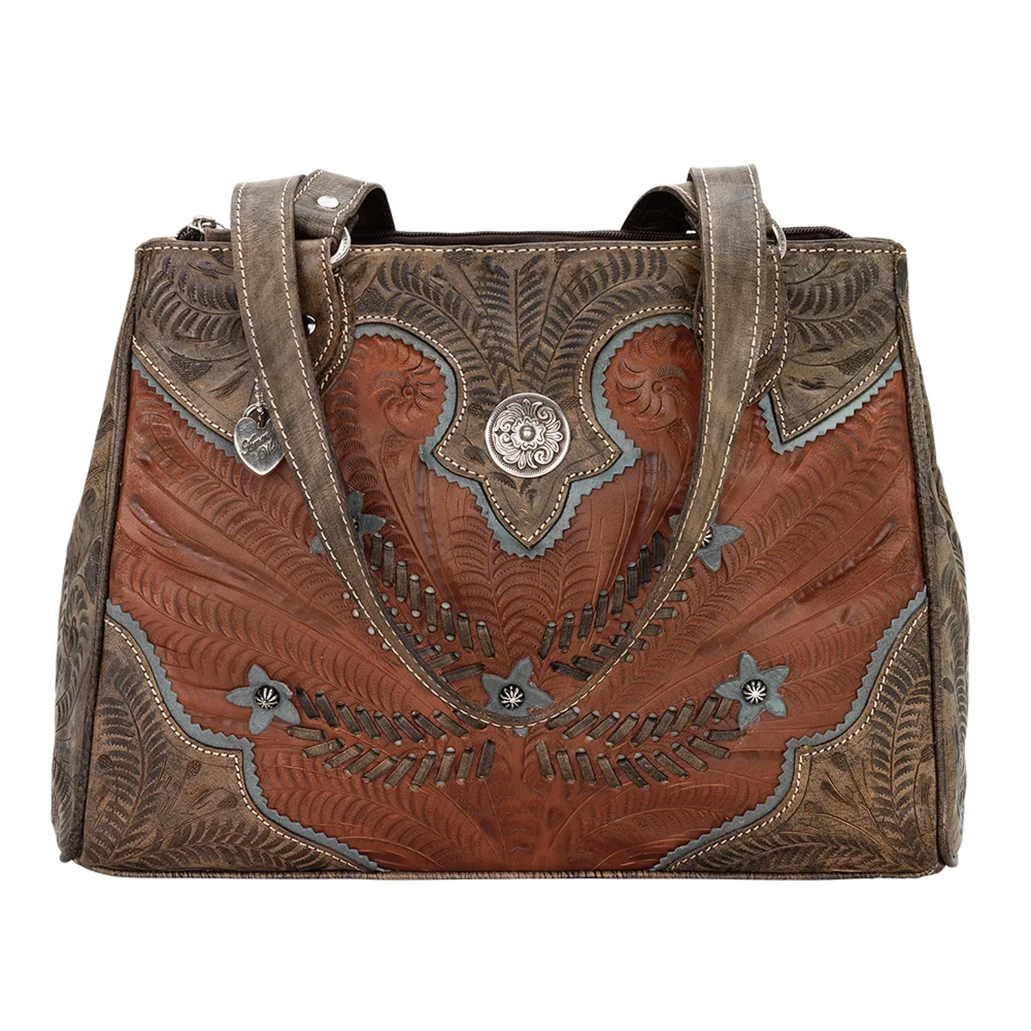 American West Womens Desert Wildflower Medium Brown Leather Handbag Bag