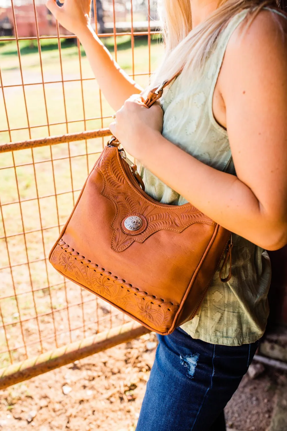 American West Womens Harvest Moon 10in CC Natural Tan Leather Handbag Bag