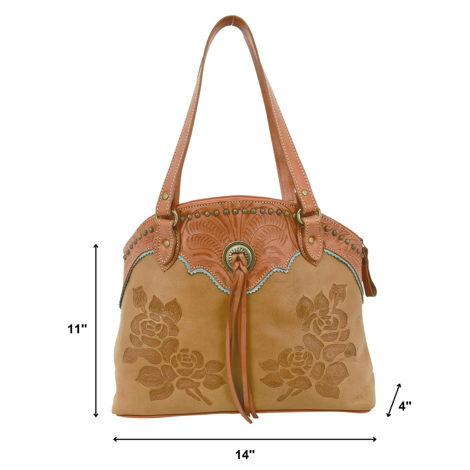 American West Womens Texas Rose 14in Natural Tan Leather Handbag Bag