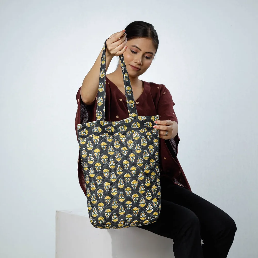 Black - Handcrafted Quilted Sanganeri Block Printed Shoulder Bag