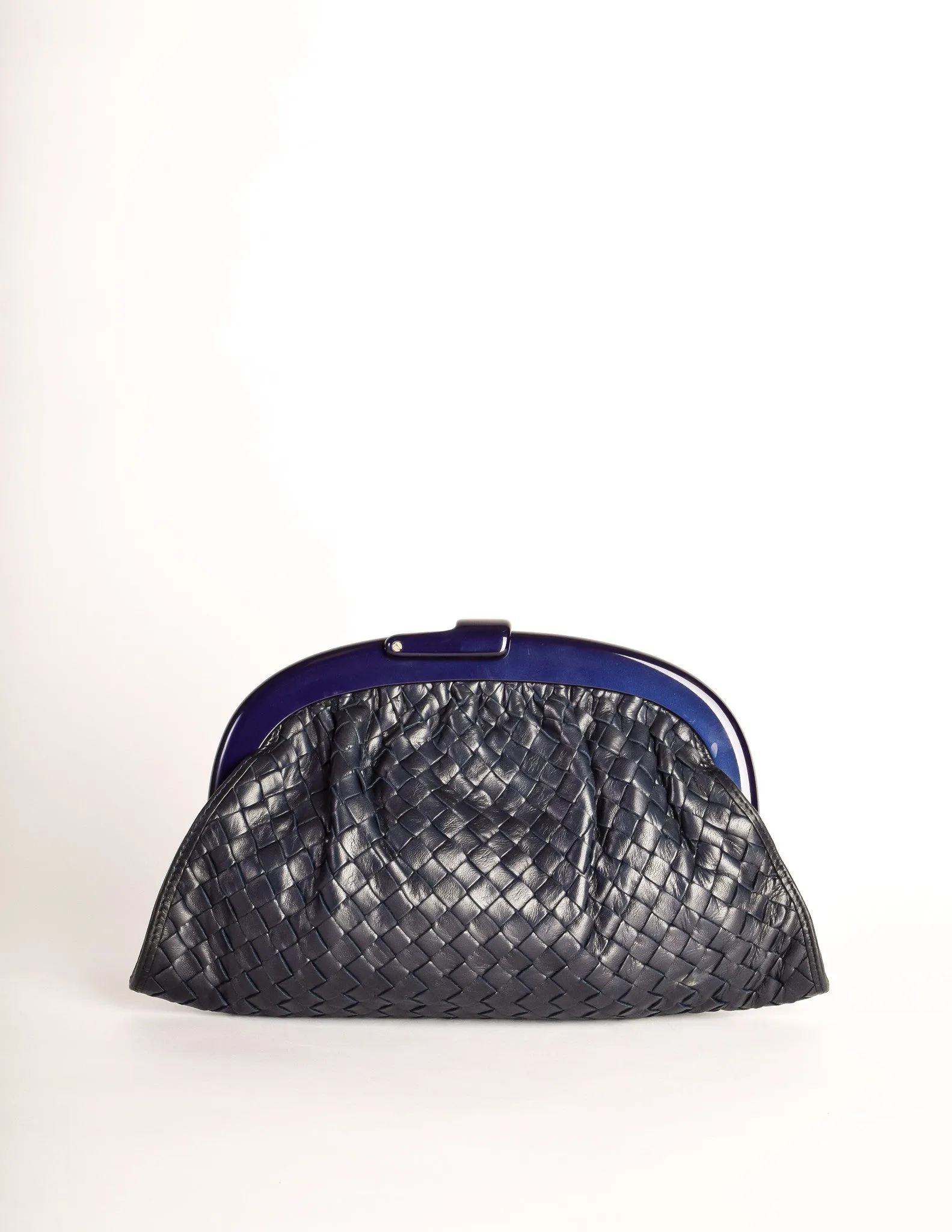 Bottega Veneta Vintage Intrecciato Navy Blue Woven Leather Clutch Bag