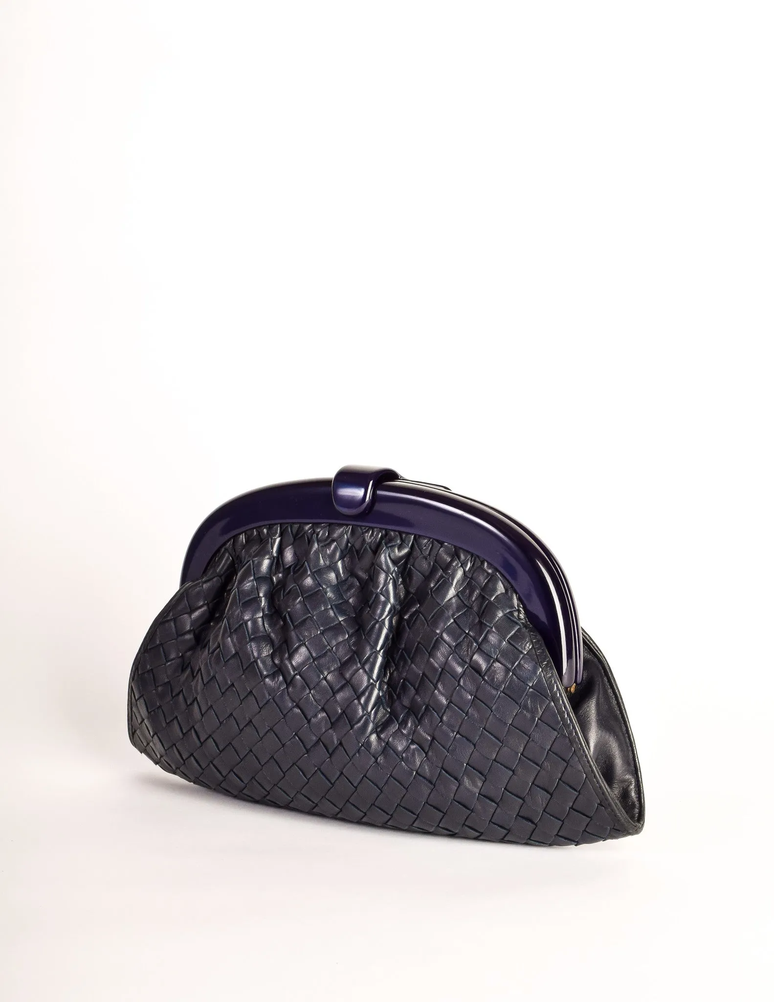 Bottega Veneta Vintage Intrecciato Navy Blue Woven Leather Clutch Bag