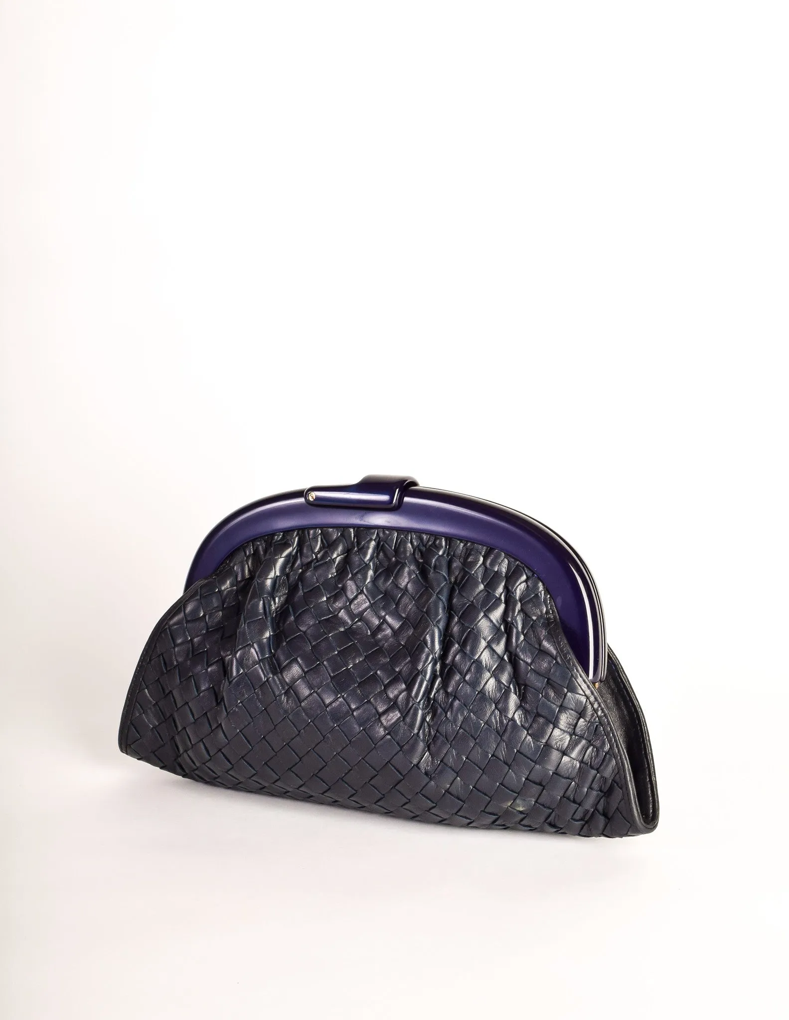 Bottega Veneta Vintage Intrecciato Navy Blue Woven Leather Clutch Bag