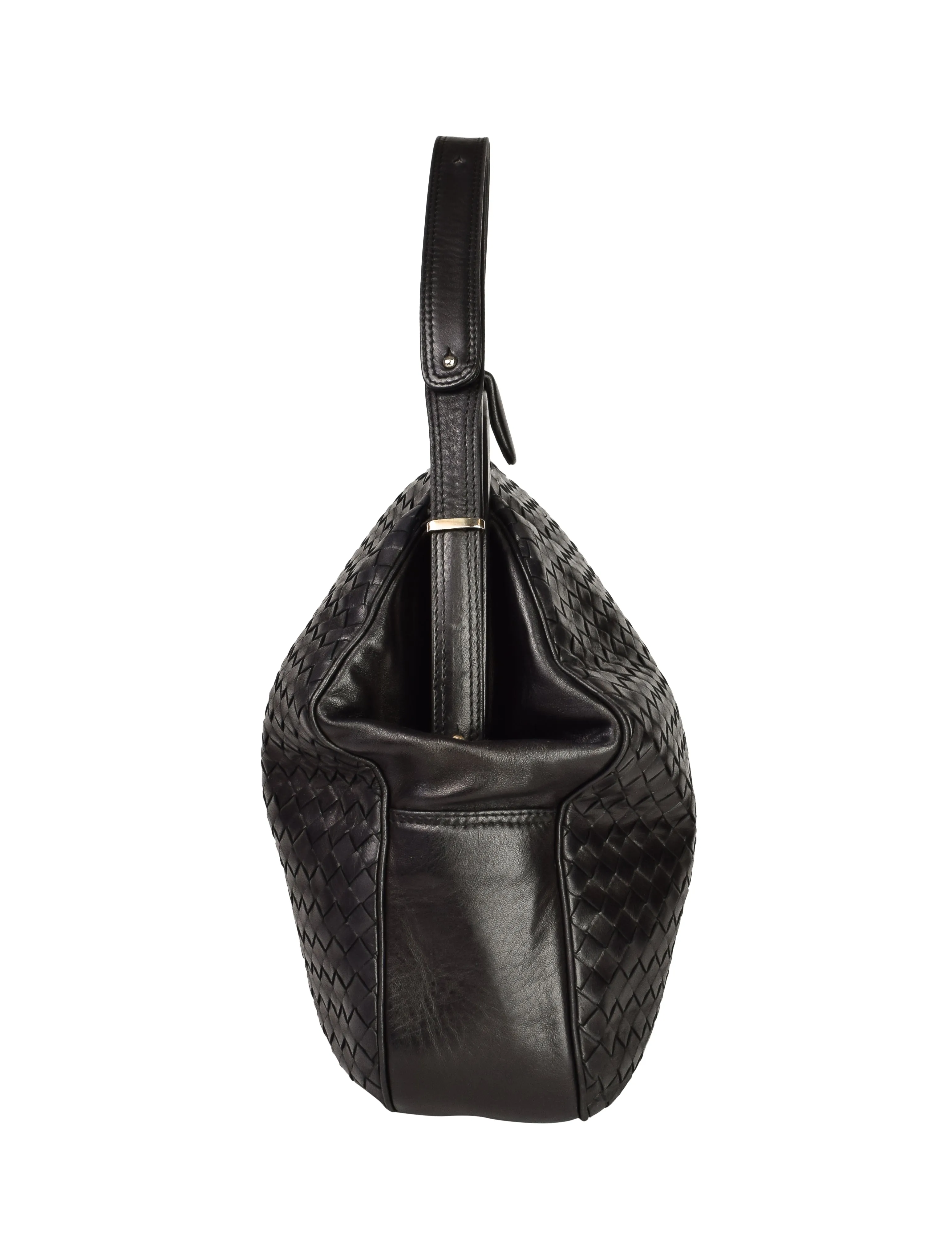 Bottega Veneta Vintage Massive Intrecciato Woven Black Leather Shoulder Bag