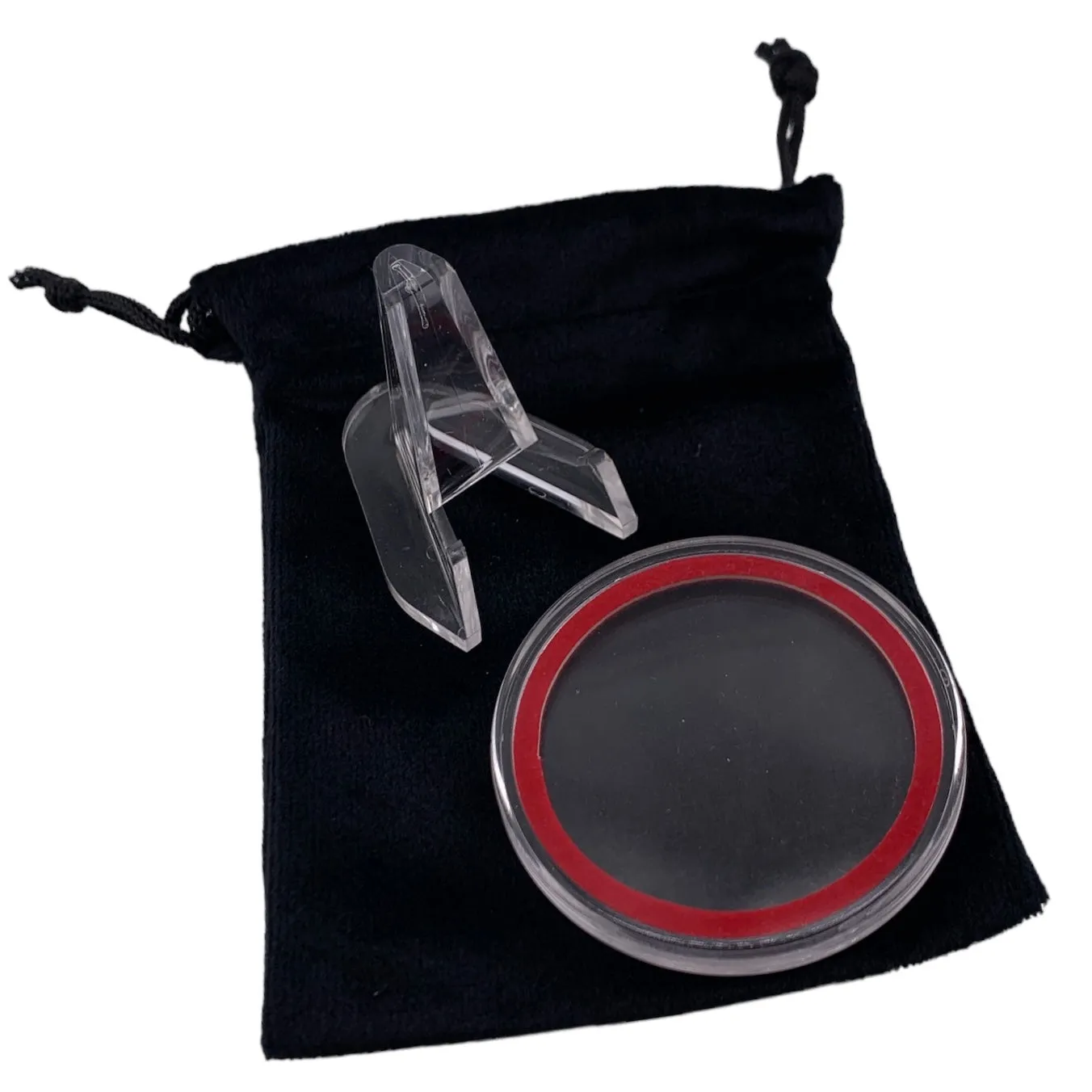 Bundle P (10-i40mm with Red Ring, 10-Velvet Medium Black Bags, 10-Clear, small easels)