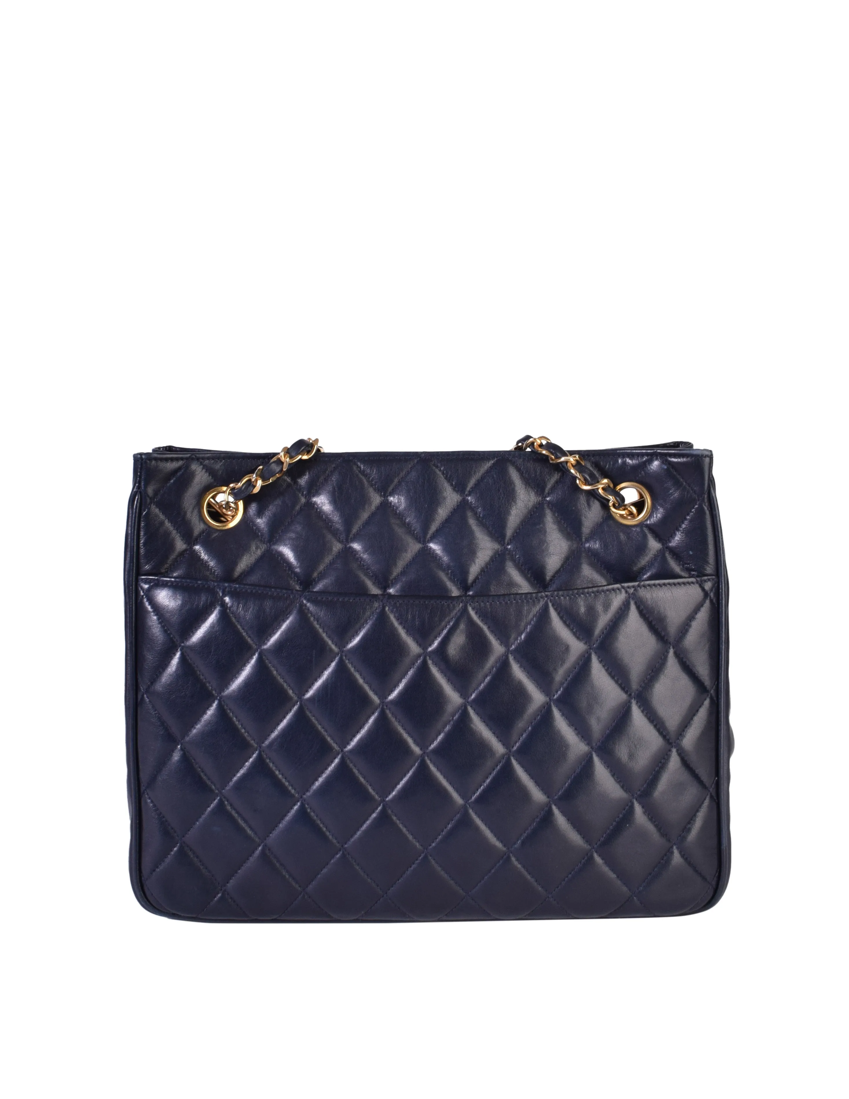 Chanel Vintage 1980s Matelasse Quilted Navy Blue Lambskin Leather Shoulder Tote Bag