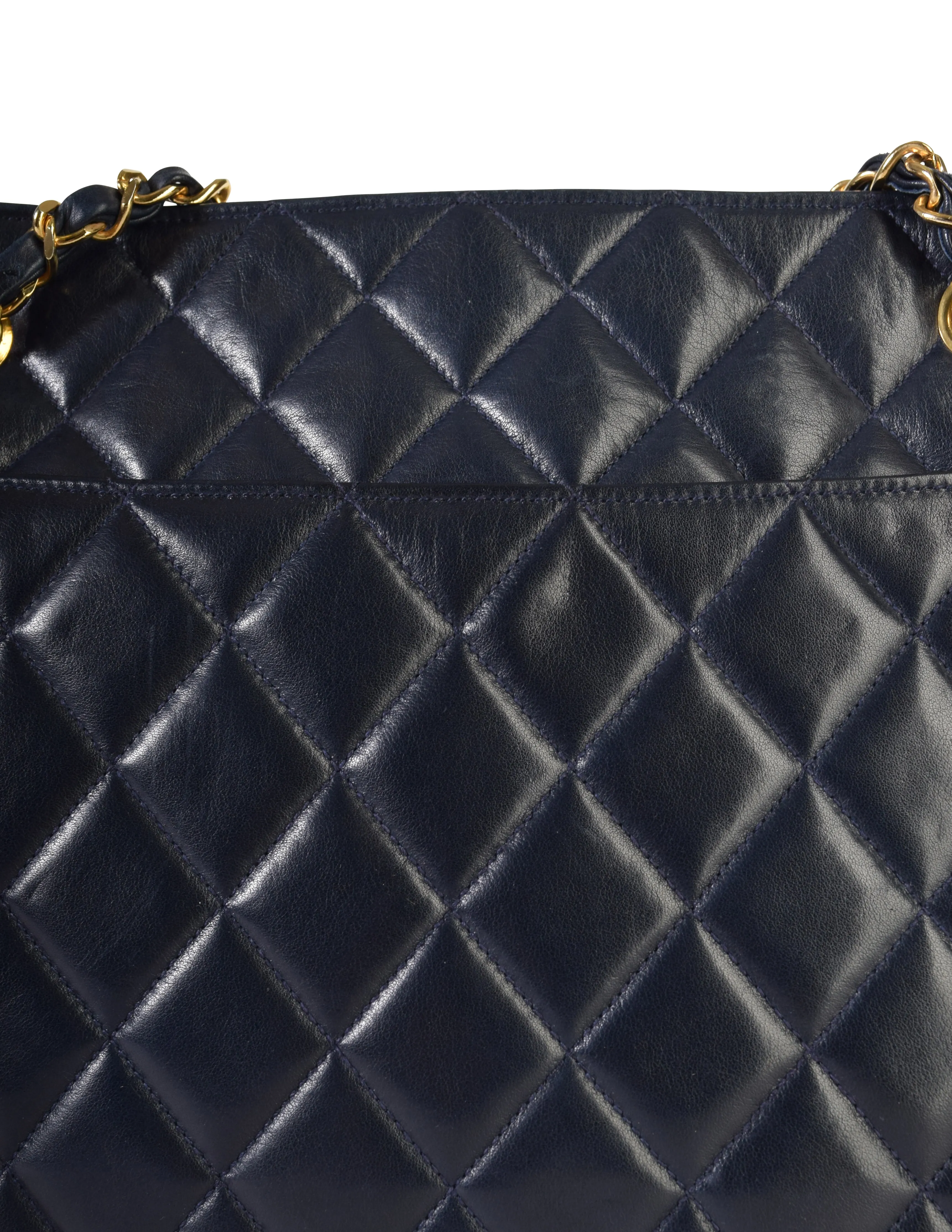 Chanel Vintage 1980s Matelasse Quilted Navy Blue Lambskin Leather Shoulder Tote Bag