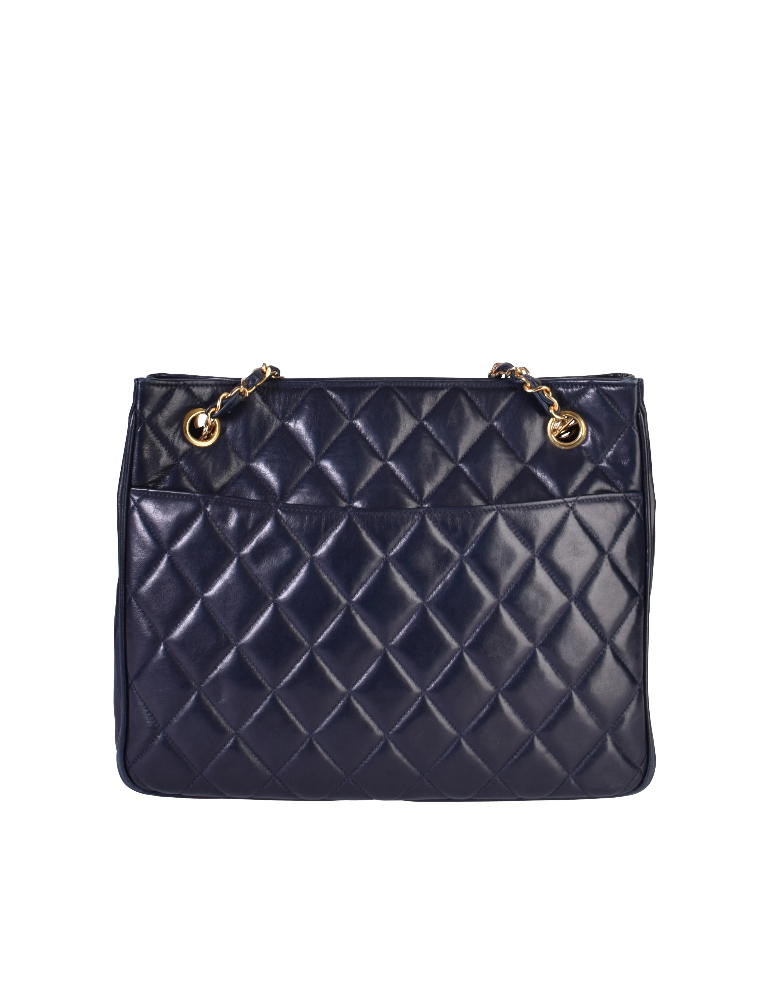 Chanel Vintage 1980s Matelasse Quilted Navy Blue Lambskin Leather Shoulder Tote Bag