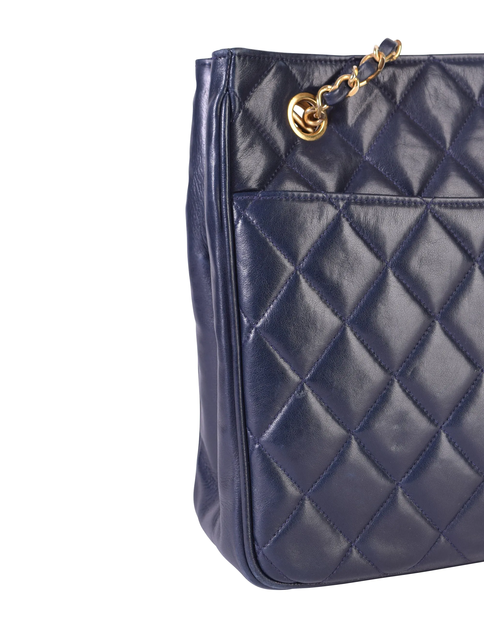 Chanel Vintage 1980s Matelasse Quilted Navy Blue Lambskin Leather Shoulder Tote Bag