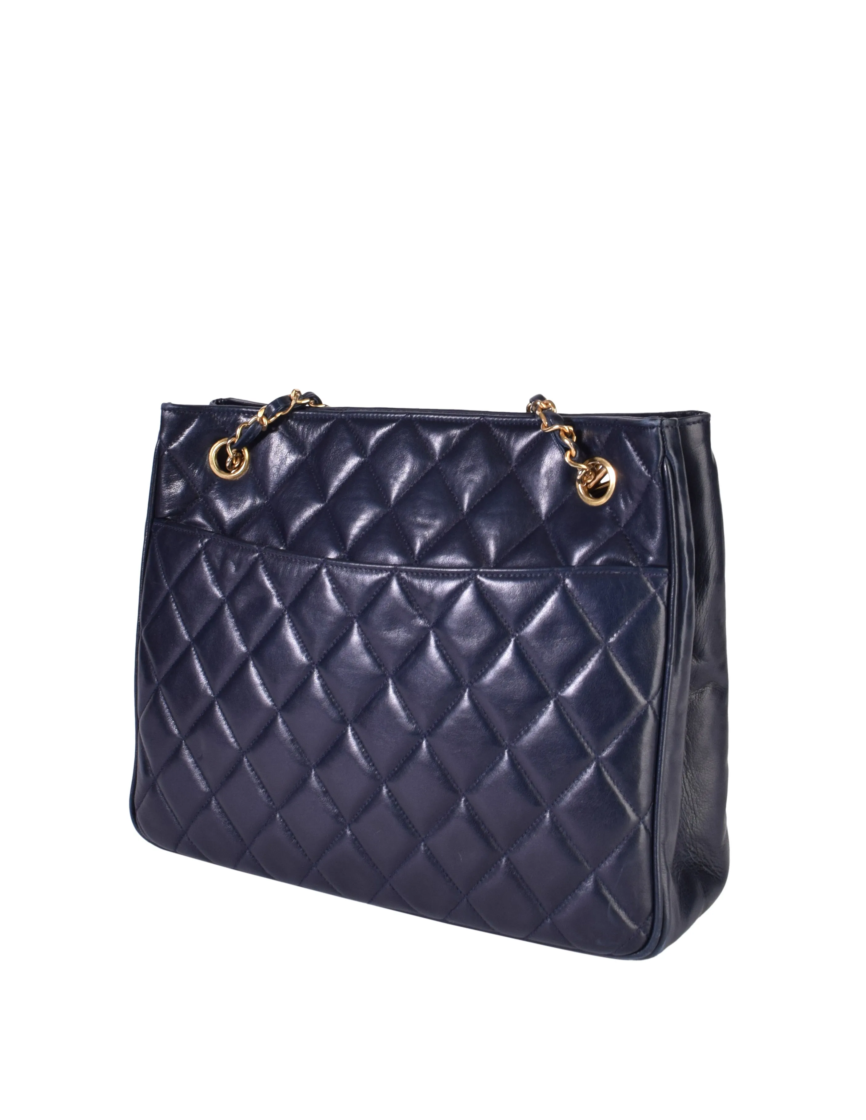 Chanel Vintage 1980s Matelasse Quilted Navy Blue Lambskin Leather Shoulder Tote Bag