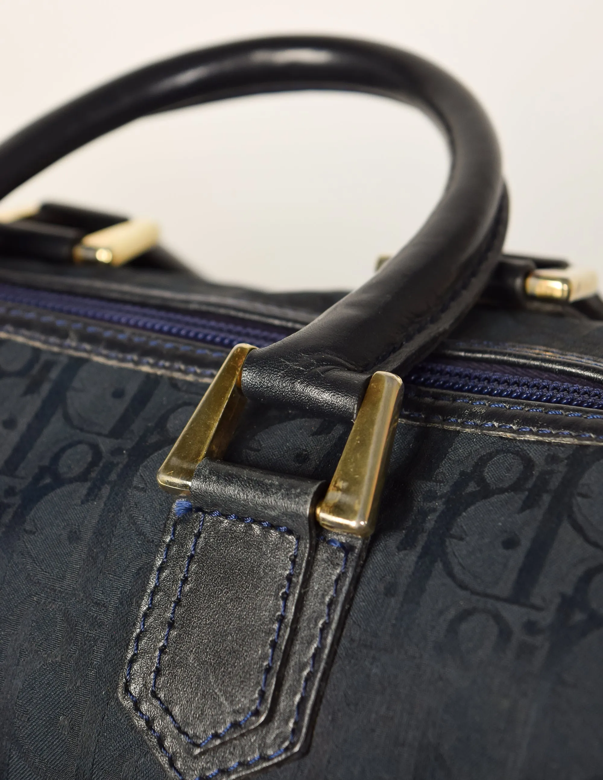 Christian Dior Vintage 1970s Navy Blue Trotter Monogram Boston Doctor Bag