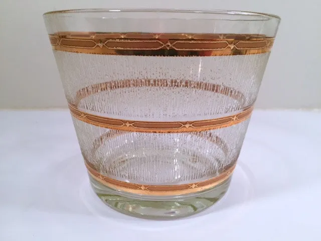 Culver Mid-Century Glass Ice Bucket with Frosted Ice and 22-Karat Gold Band Design