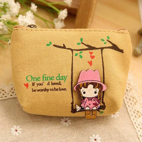 Cute Canvas Coin Bag Lovely Girls The Swing Holder Purse Small Zipper Wallet Card Purse Zip Key Case Money Clip