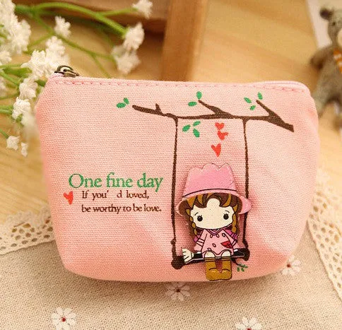 Cute Canvas Coin Bag Lovely Girls The Swing Holder Purse Small Zipper Wallet Card Purse Zip Key Case Money Clip