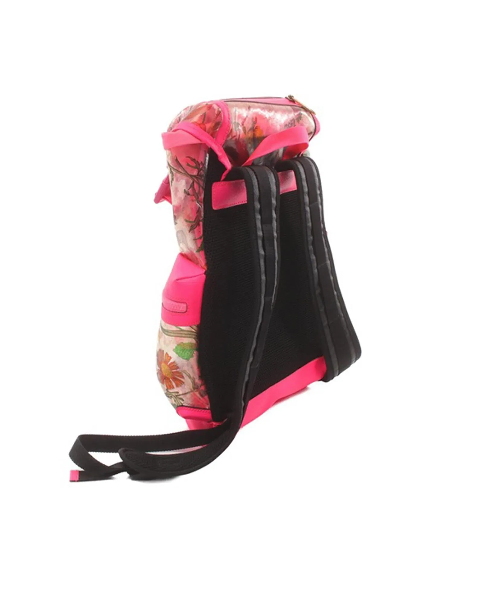 Floral PVC Backpack with Leather Trim and Multiple Pockets