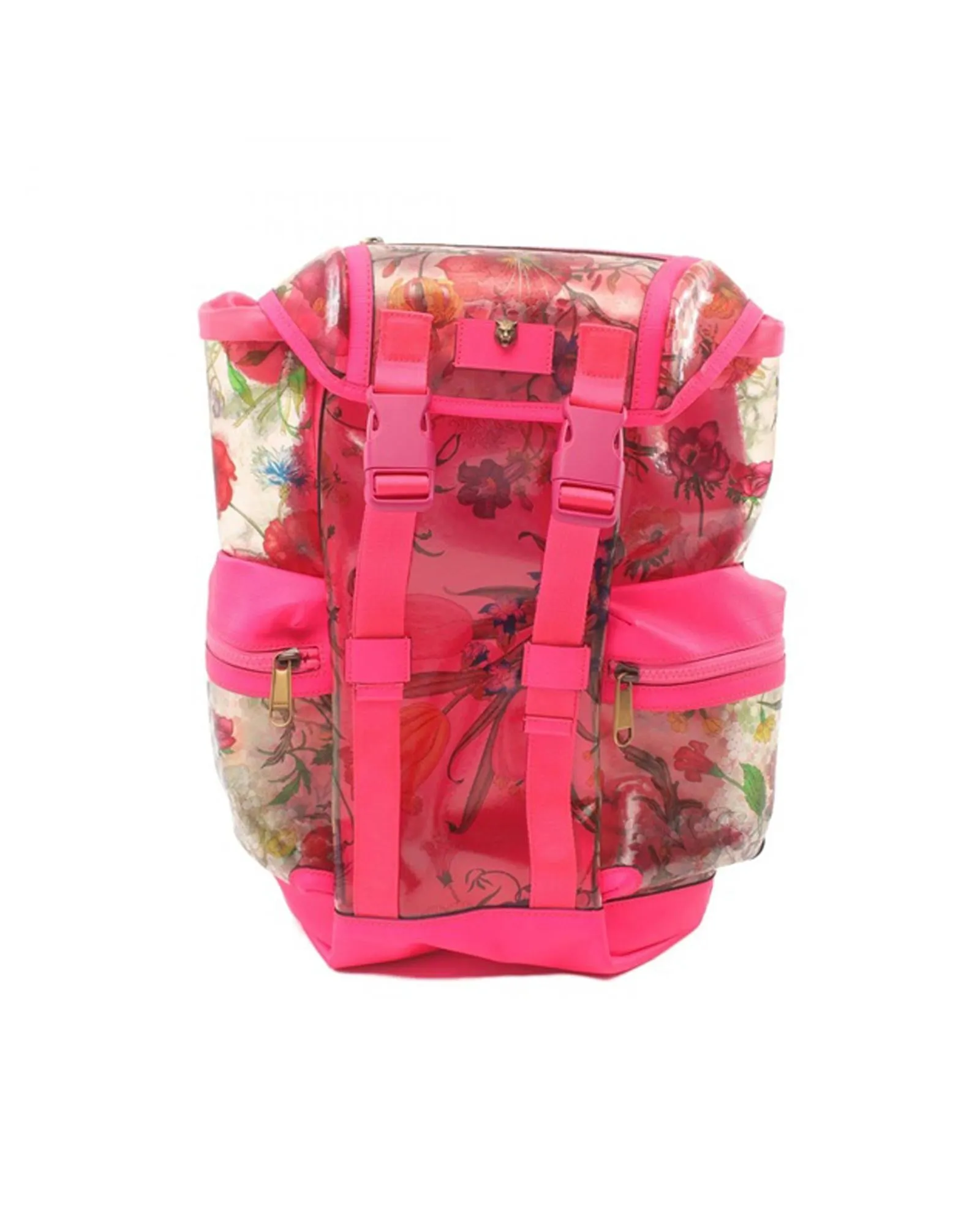 Floral PVC Backpack with Leather Trim and Multiple Pockets