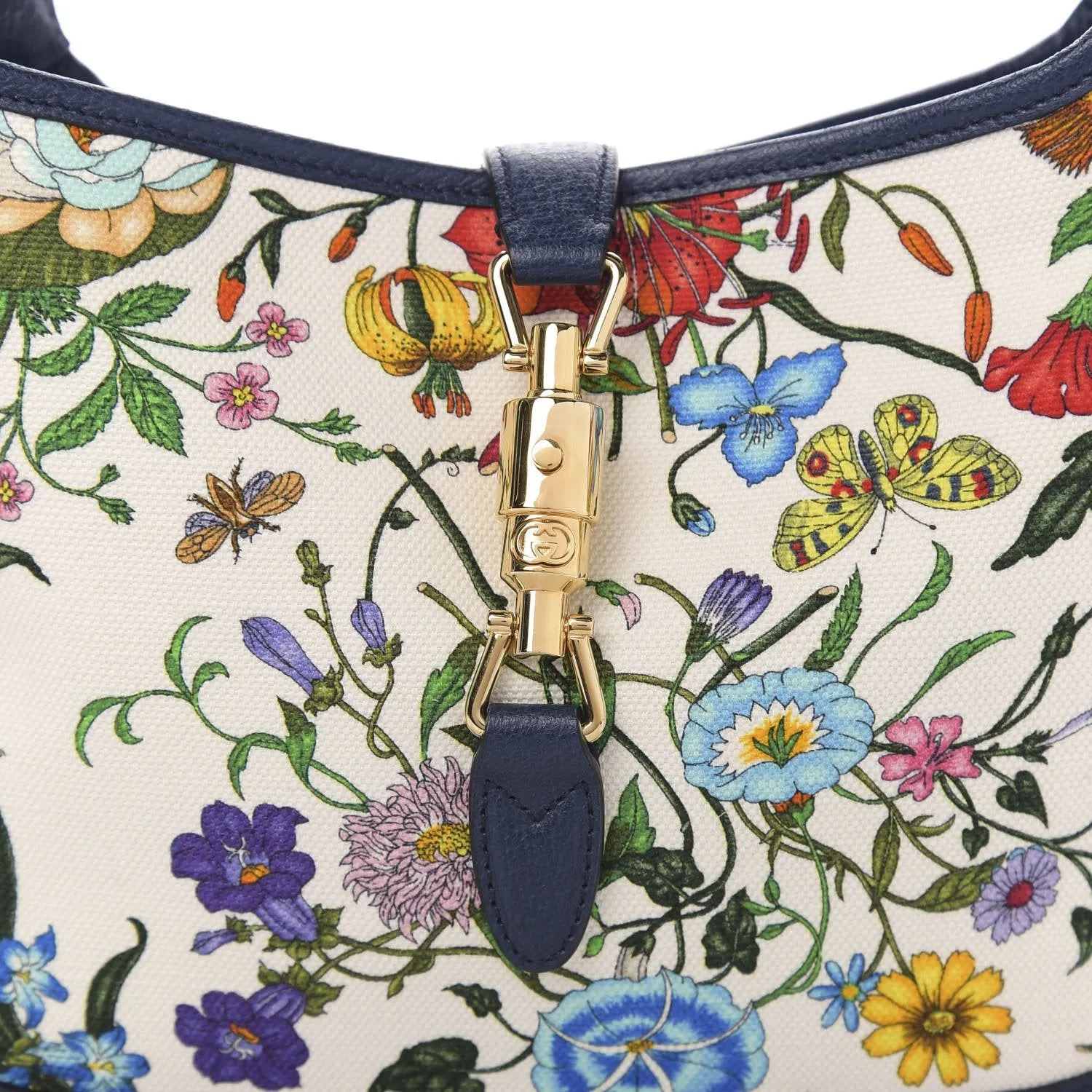 Gucci Jackie Flora Canvas White Blue Agata Hobo Bag