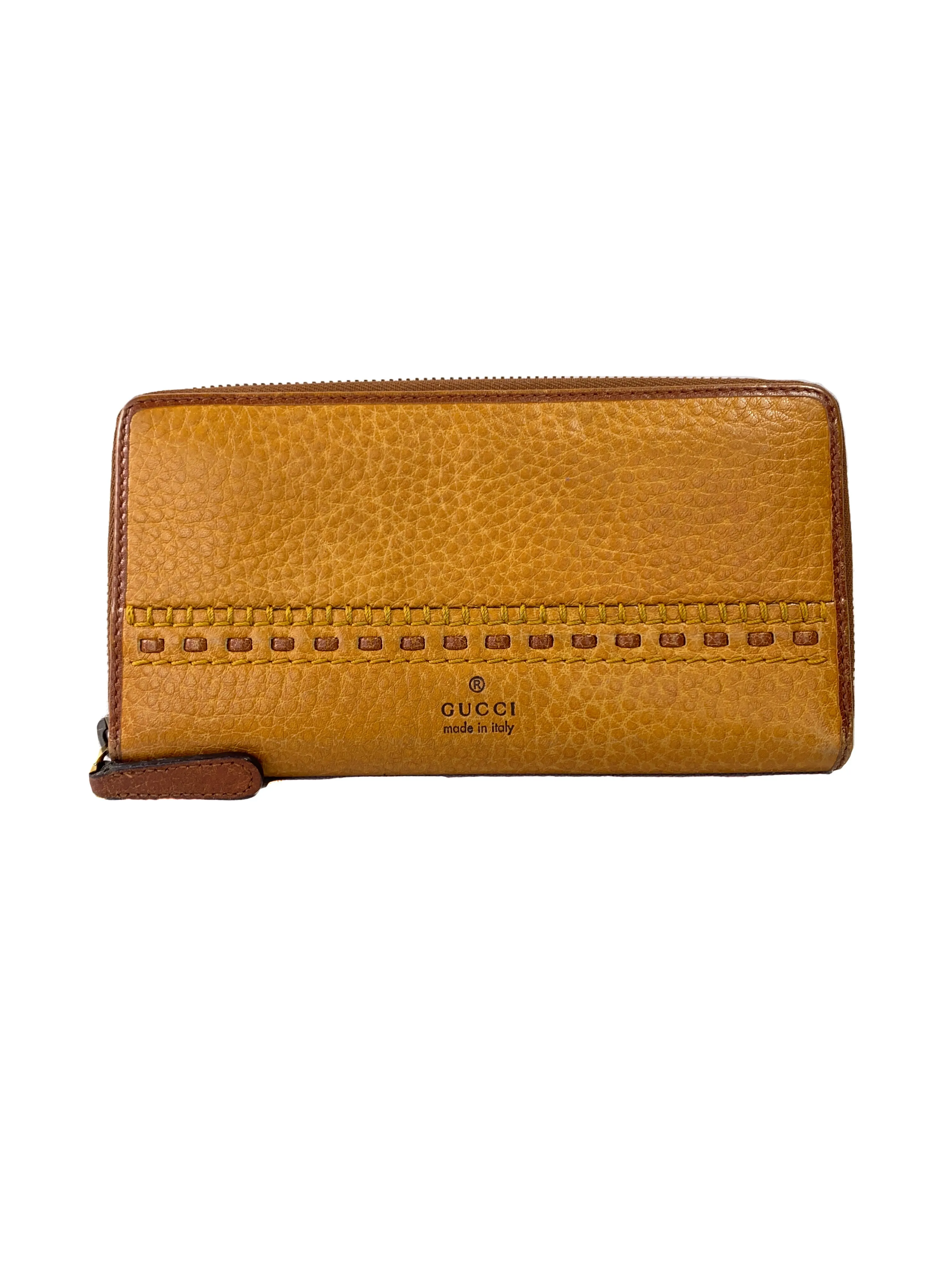 Gucci mustard yellow leather crafty zip around wallet