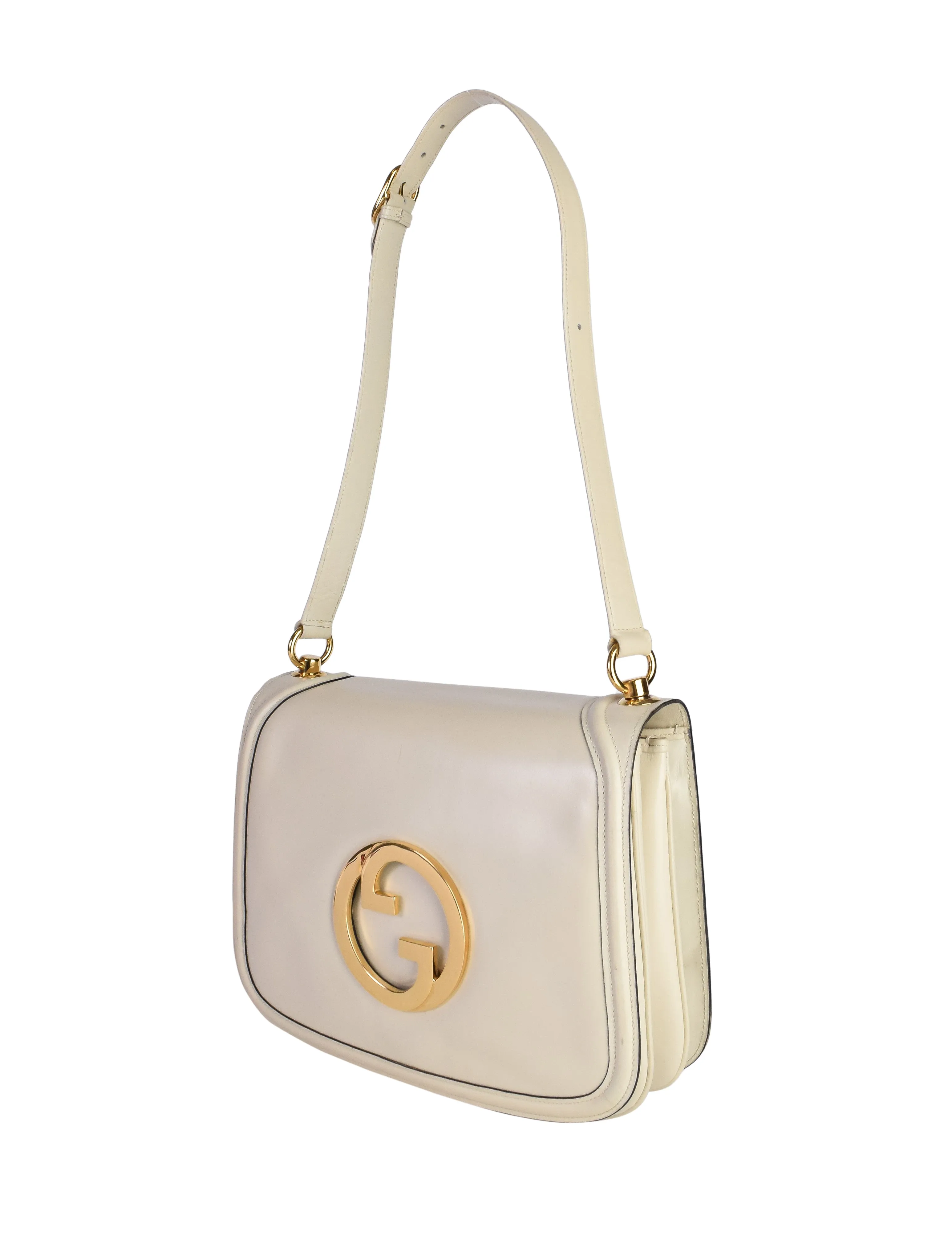 Gucci Vintage Blondie Creamy Off White Leather Large Gold GG Logo Shoulder Bag