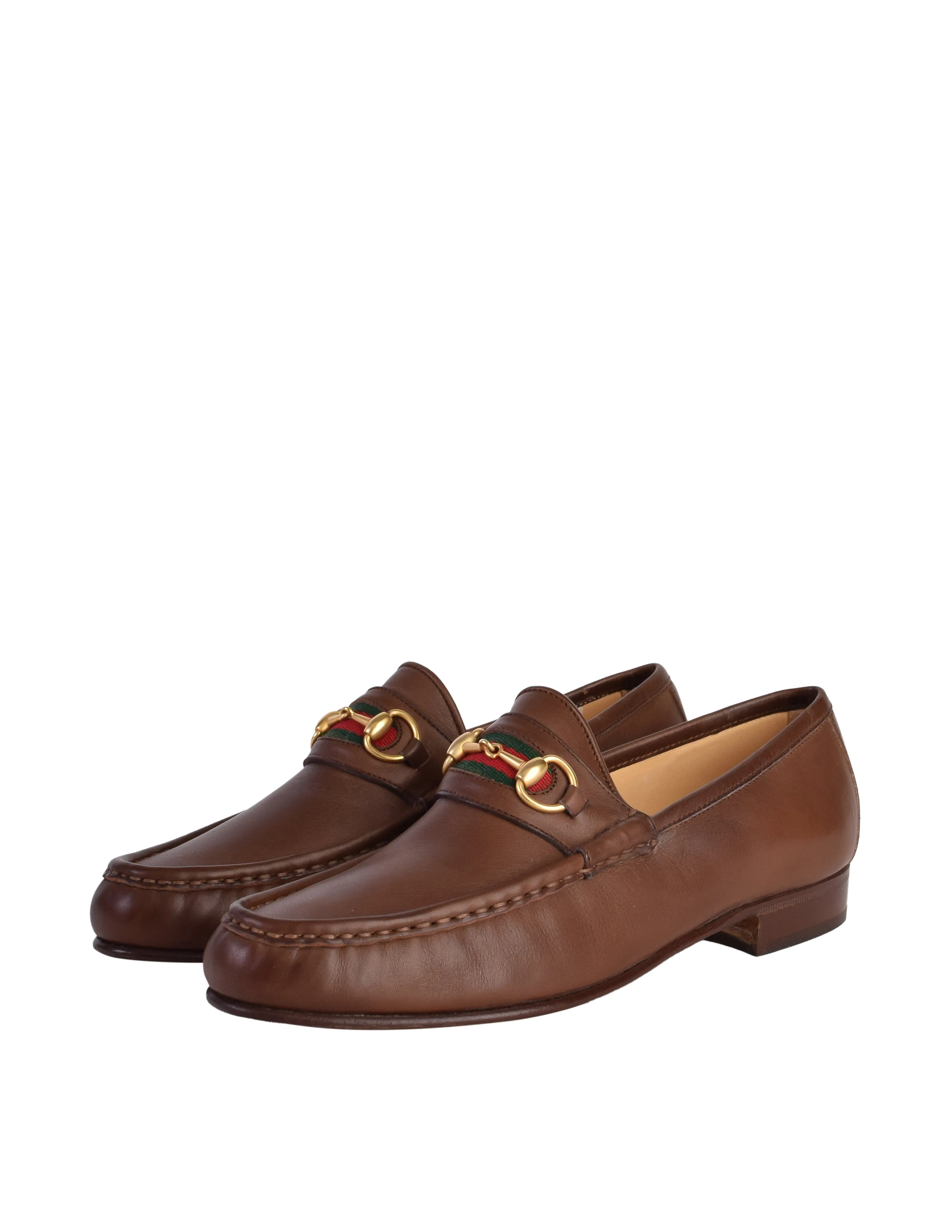 Gucci Vintage Iconic Classic Web Stripe Horsebit Brown Leather Loafers