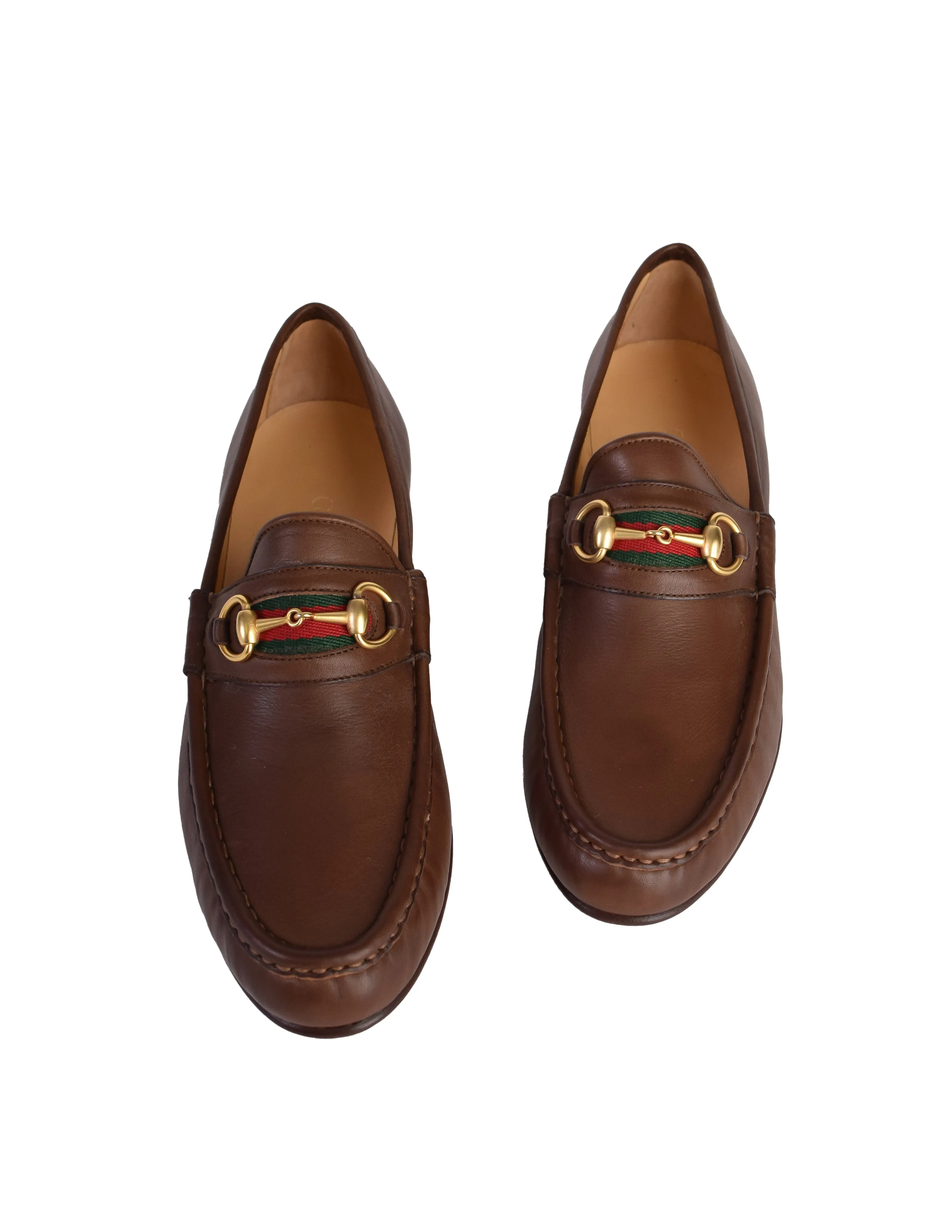 Gucci Vintage Iconic Classic Web Stripe Horsebit Brown Leather Loafers