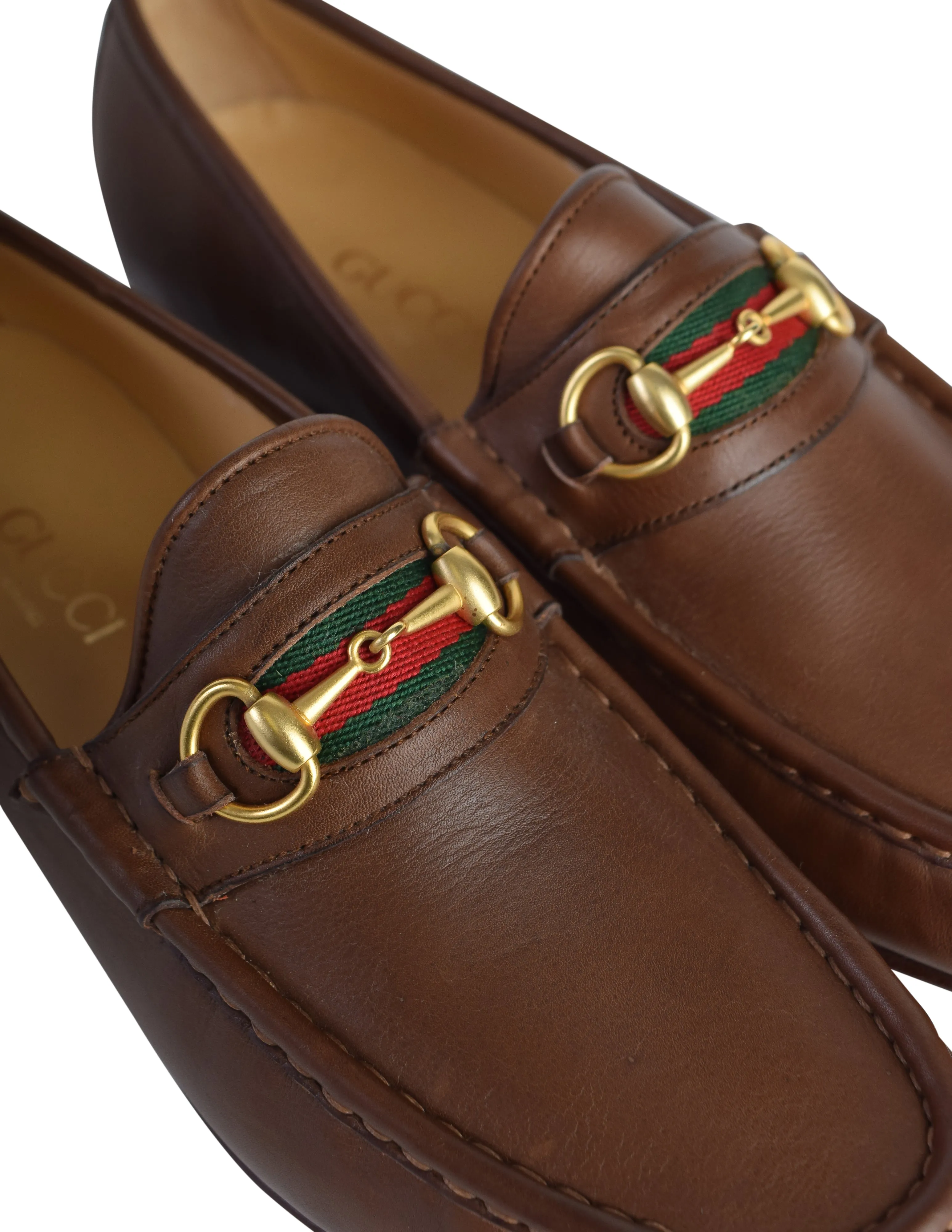 Gucci Vintage Iconic Classic Web Stripe Horsebit Brown Leather Loafers