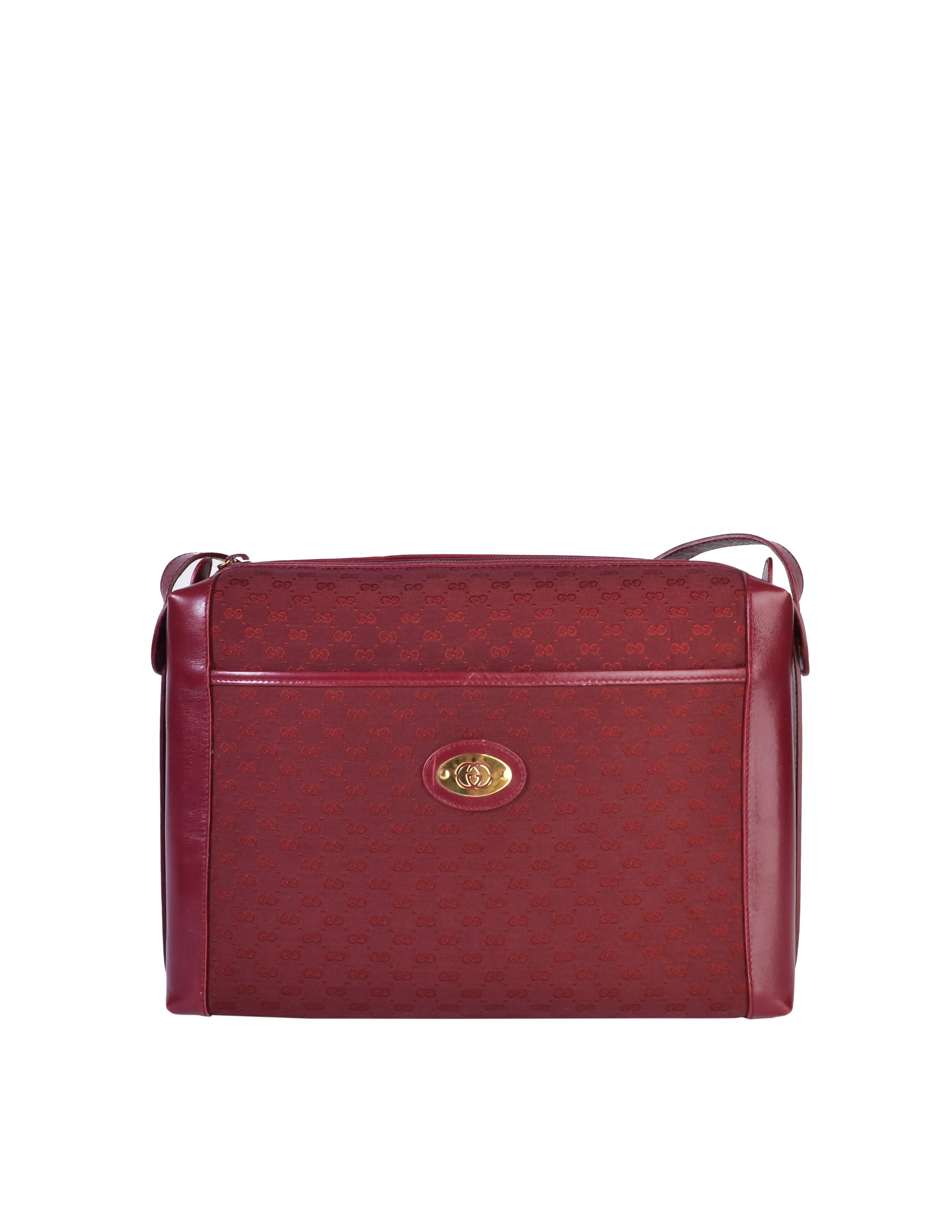 Gucci Vintage Maroon Leather and GG Logo Monogram Fabric Crossbody Bag