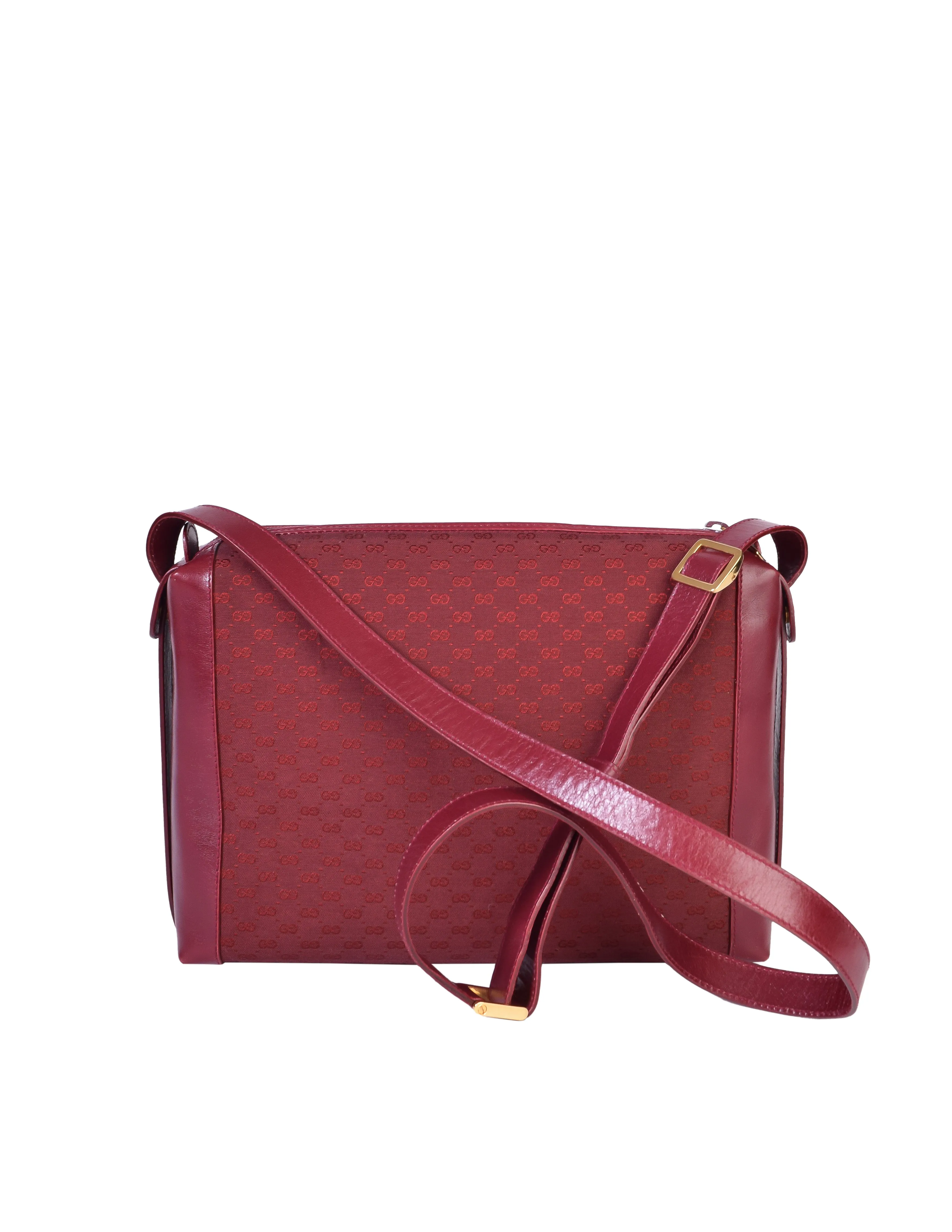 Gucci Vintage Maroon Leather and GG Logo Monogram Fabric Crossbody Bag