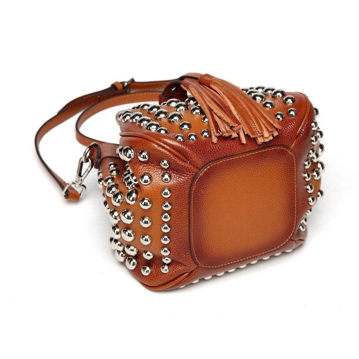 Jolyn Studded Leather Bucket Crossbody- Brown