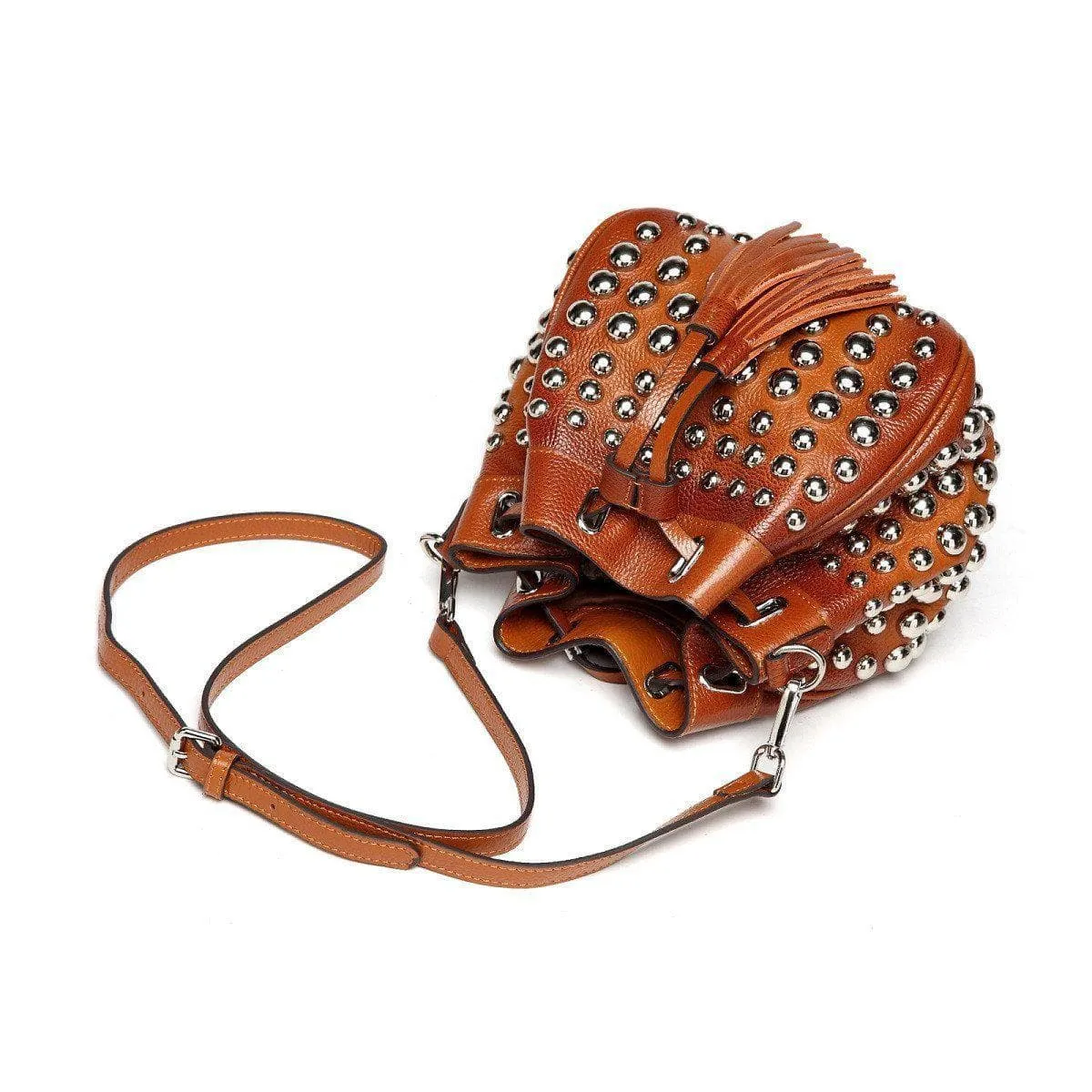 Jolyn Studded Leather Bucket Crossbody- Brown