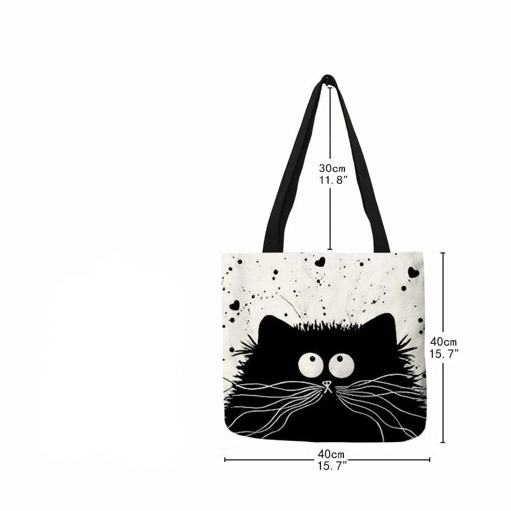 Linen Cute Cat Printed Bag