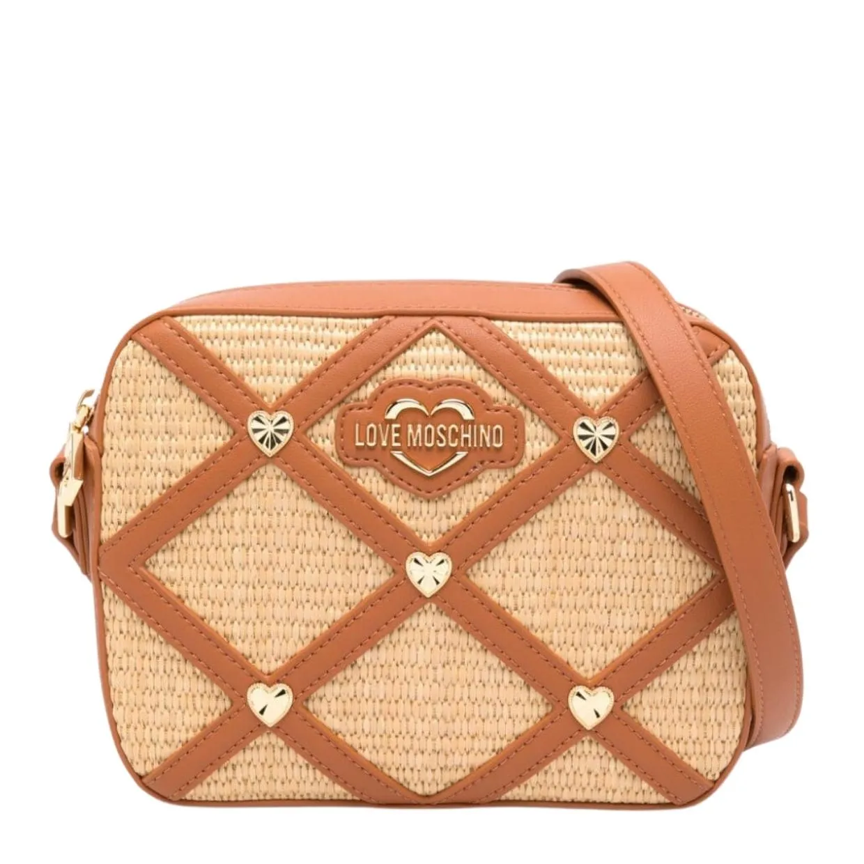 Love Moschino Woven Raffia Heart Studs Brown Camera Bag