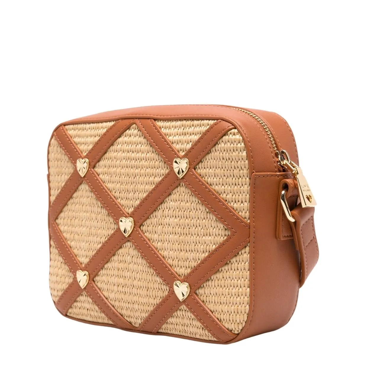 Love Moschino Woven Raffia Heart Studs Brown Camera Bag