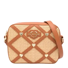 Love Moschino Woven Raffia Heart Studs Brown Camera Bag