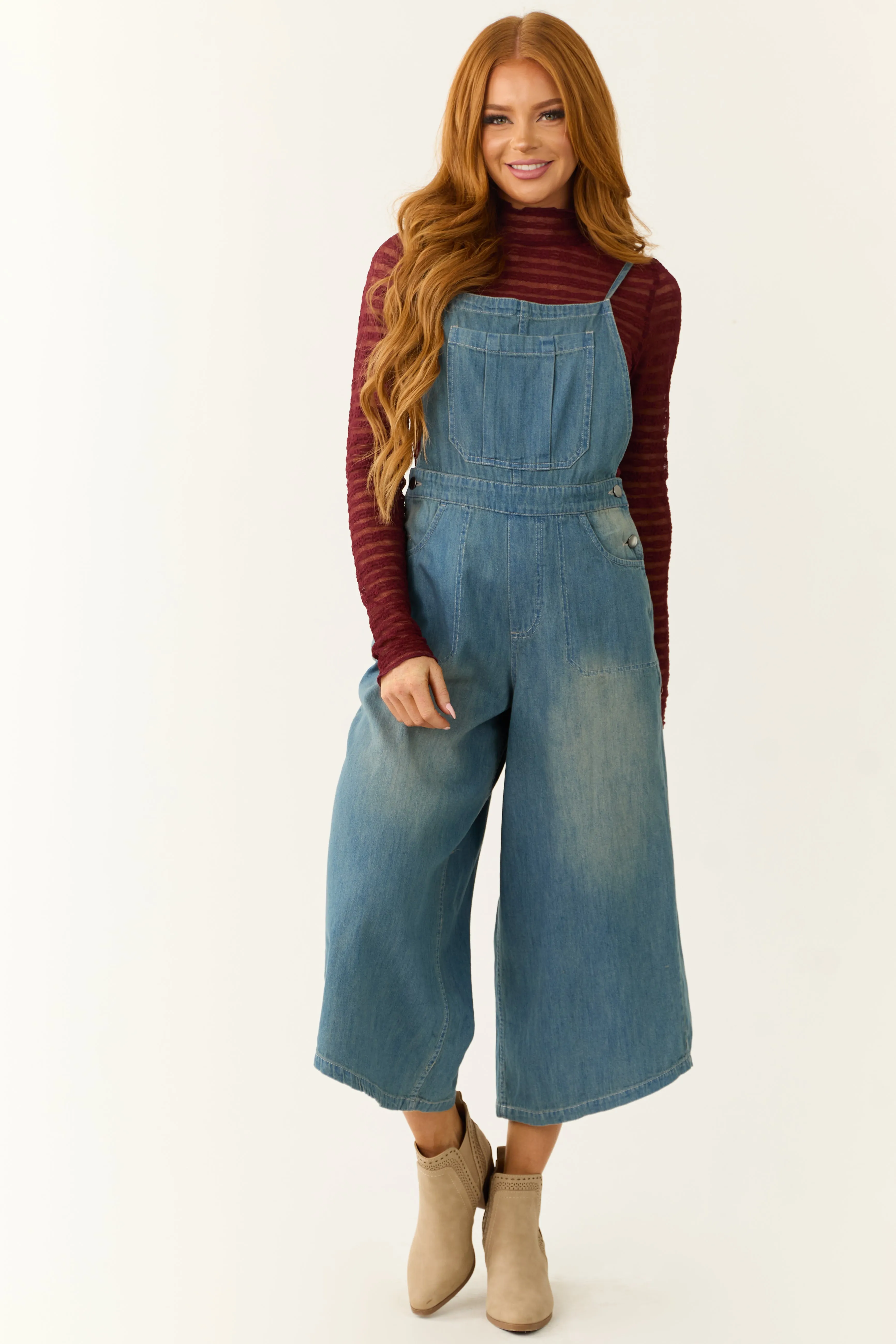 Medium Wash Denim Wide Leg Overalls Jumpsuit