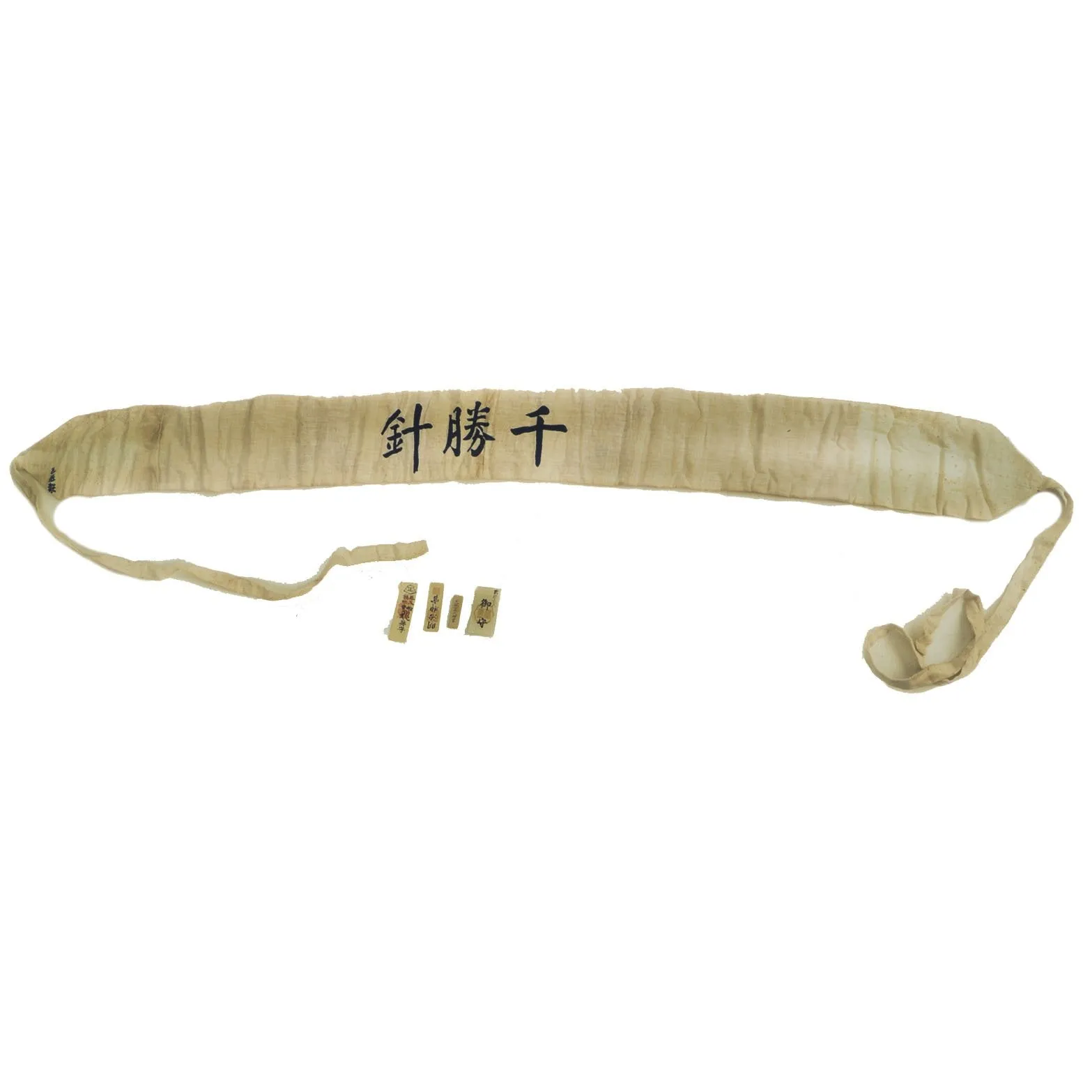 Original Japanese WWII Senninbari 1000 Stitch Belt with Temple Good Luck Charms - 64" x 5 1/2"