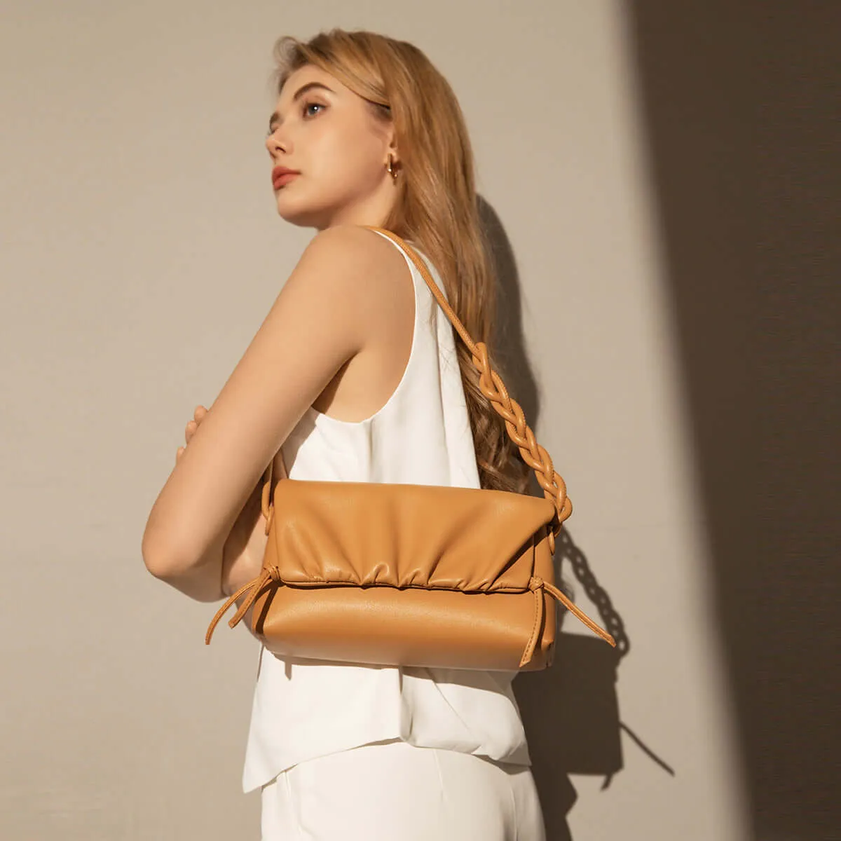 Pleated Semi-Braided Leather Shoulder Bag