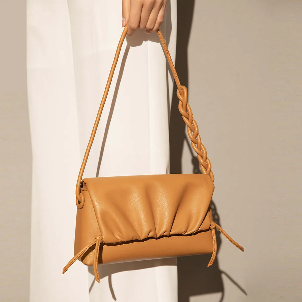 Pleated Semi-Braided Leather Shoulder Bag