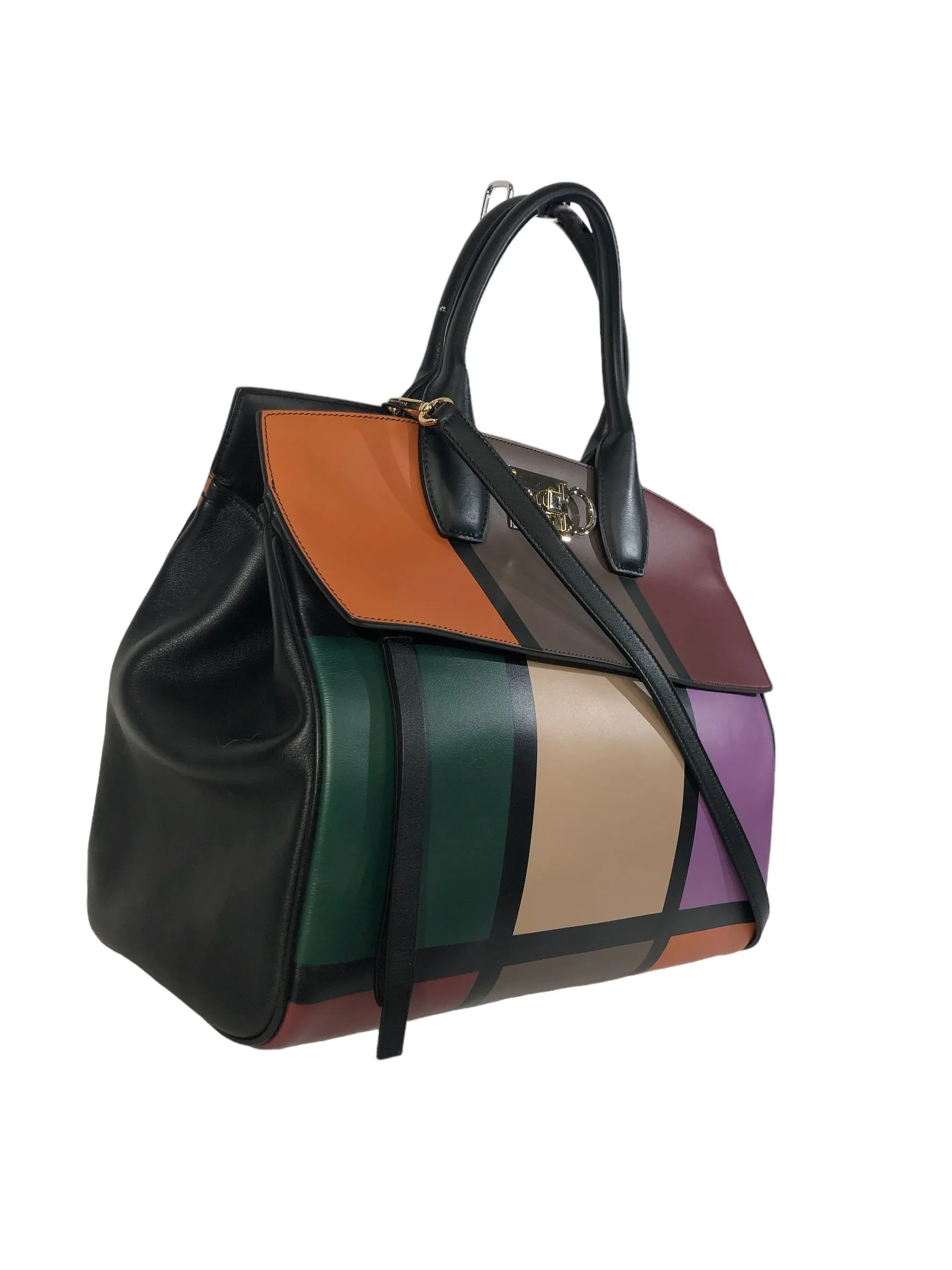 Retro Colorblock Leather Tote O/S