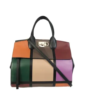 Retro Colorblock Leather Tote O/S