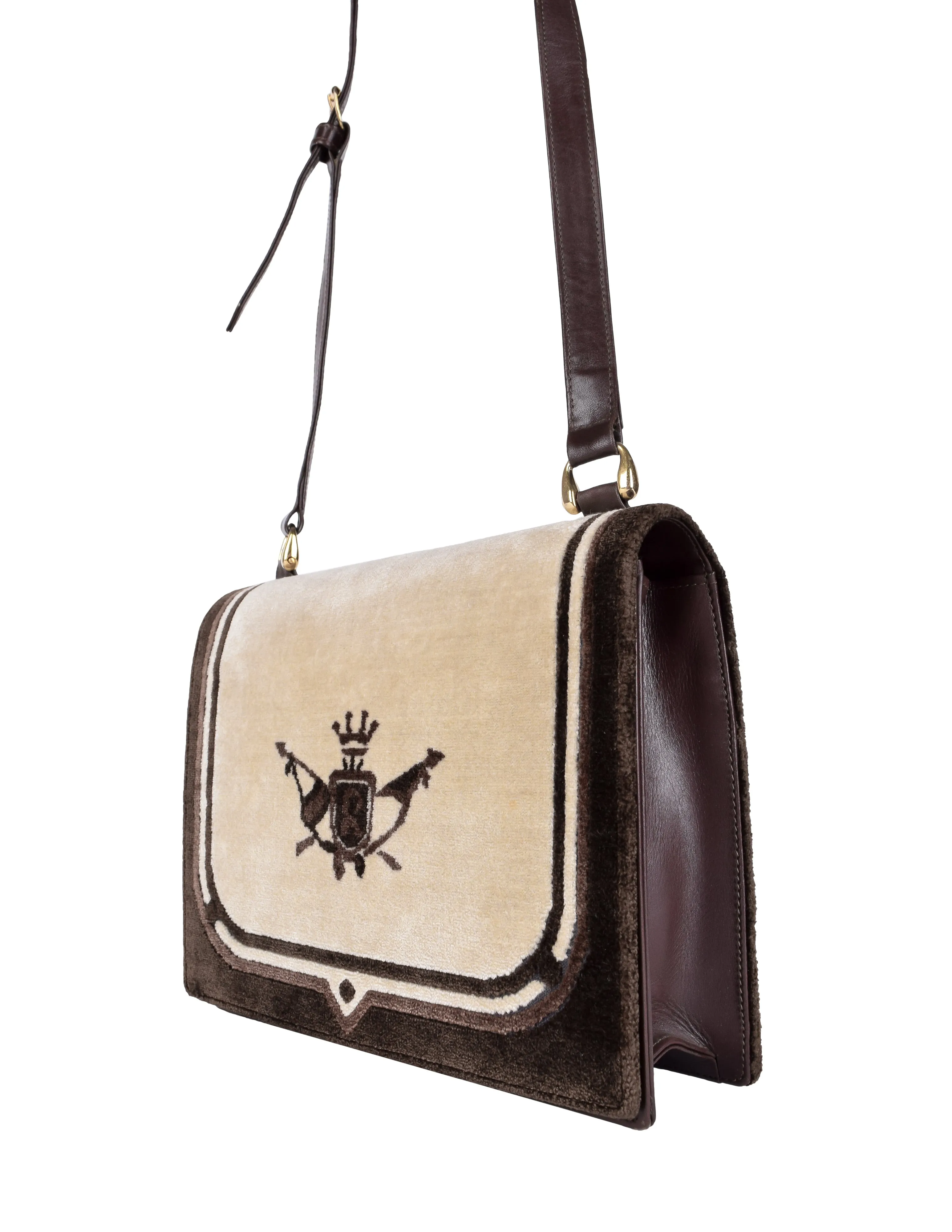 Roberta di Camerino Vintage 1970s Brown Leather and Velvet Trompe L'oeil Crest Bag