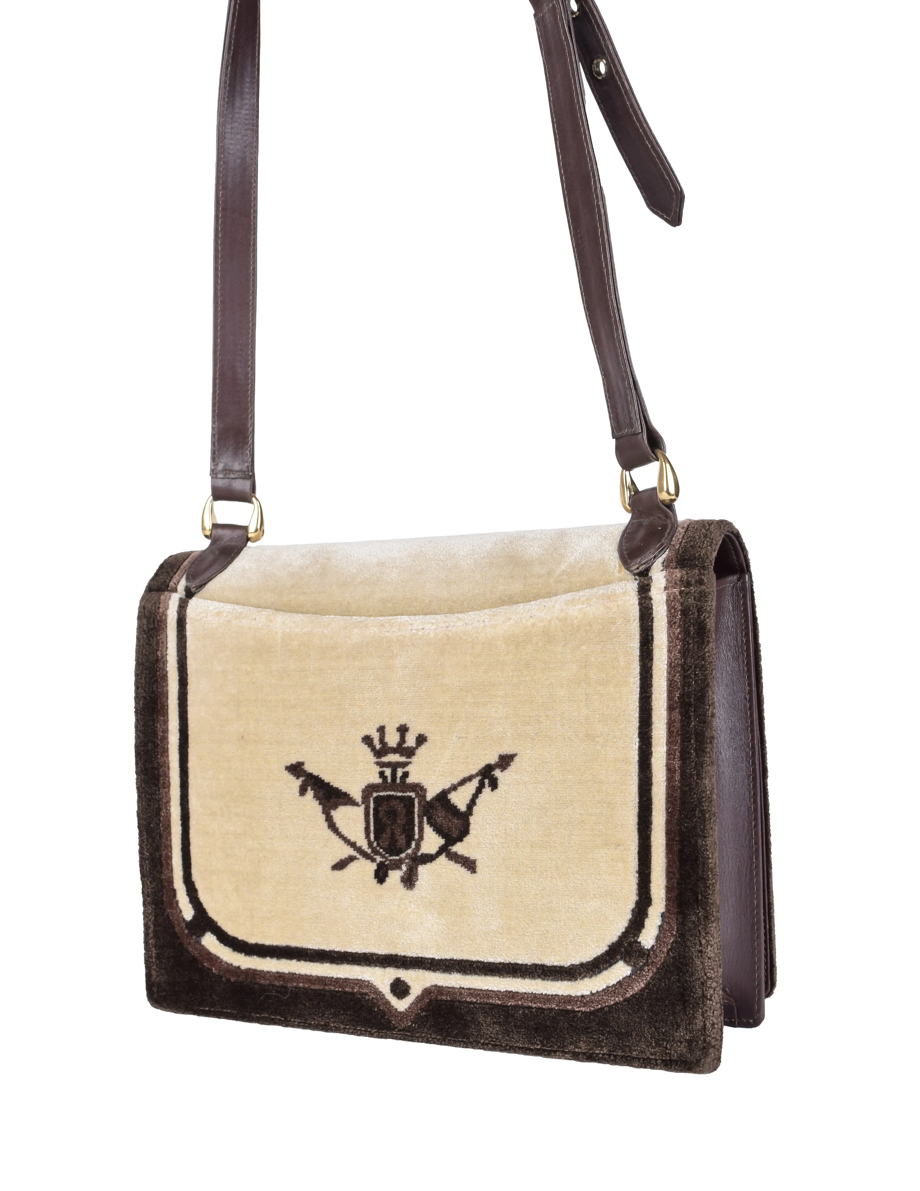 Roberta di Camerino Vintage 1970s Brown Leather and Velvet Trompe L'oeil Crest Bag