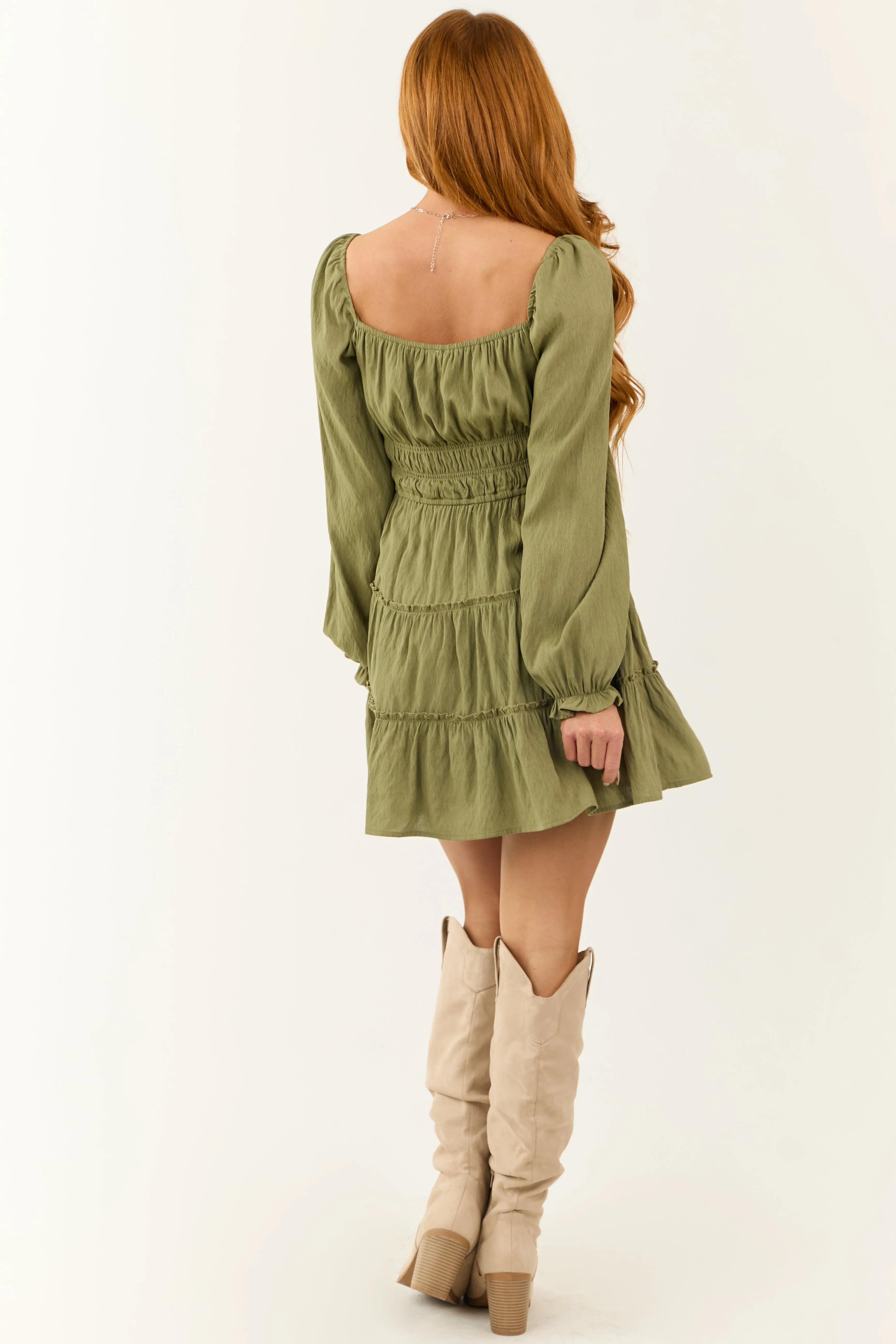 Sage Square Neck Bubble Sleeve Tiered Short Dress