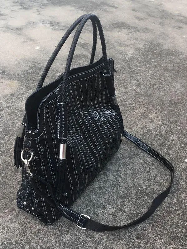 Split-joint Striped Shoulder Sling Leather Bag