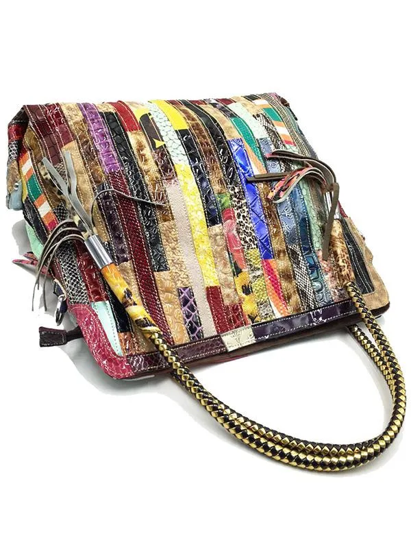 Split-joint Striped Shoulder Sling Leather Bag