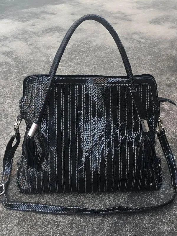 Split-joint Striped Shoulder Sling Leather Bag