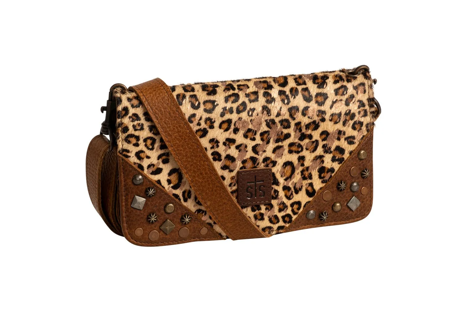 STS Ranchwear Womens Great Plains Evie Leopard Print/Brown Leather Clutch Bag