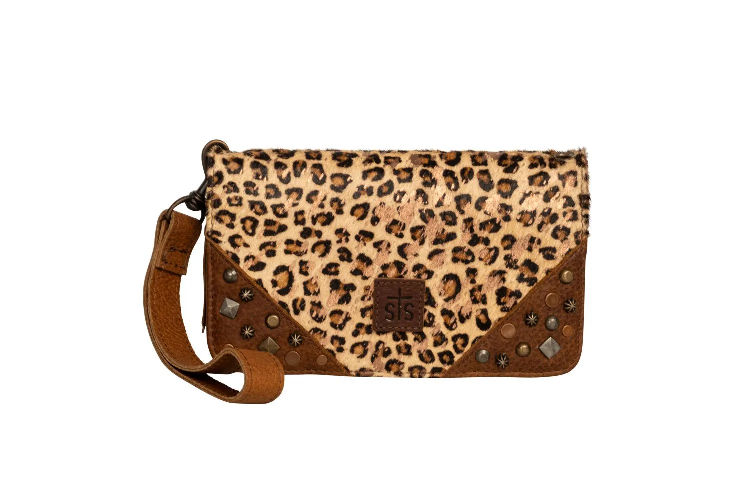 STS Ranchwear Womens Great Plains Evie Leopard Print/Brown Leather Clutch Bag