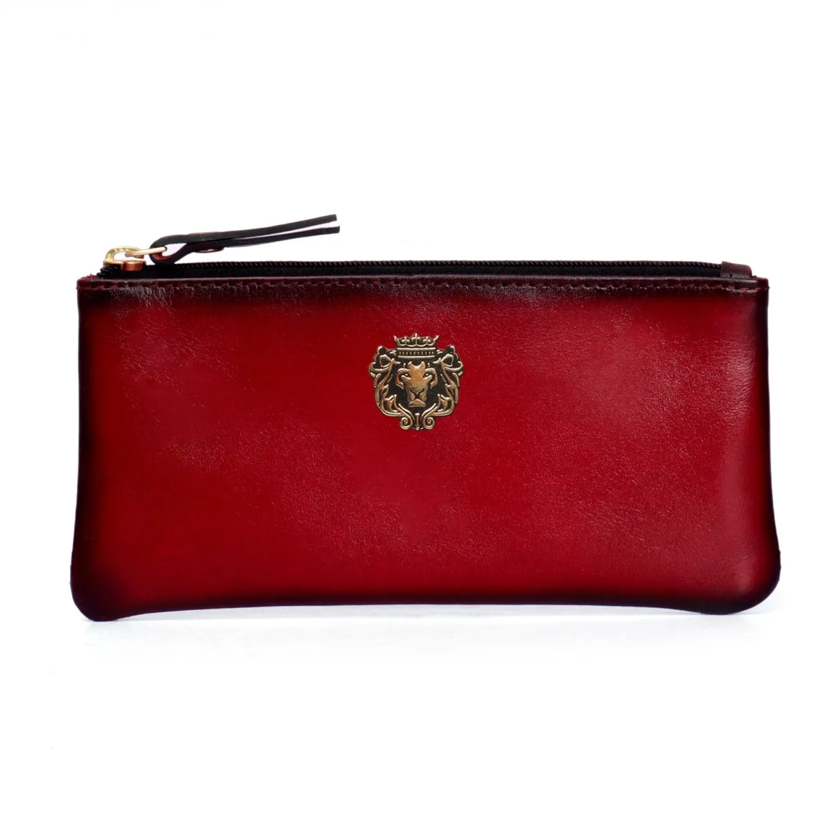 Unisex Wine Plain Genuine Leather Pouch With Metal Lion Logo By Brune & Bareskin