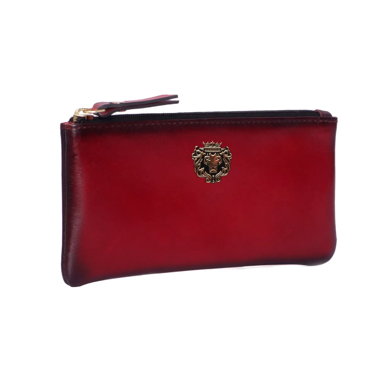 Unisex Wine Plain Genuine Leather Pouch With Metal Lion Logo By Brune & Bareskin